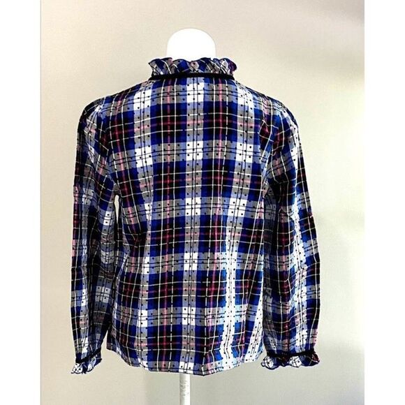 Charter Club Blue Black‎ Plaid Ruffle Tie Neck Button Down Sz PXL NEW - Picture 2 of 8